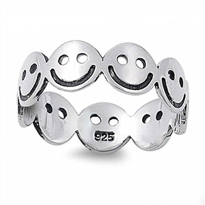 Sterling Silver Fancy Multi Smiley Face Band Ring with Face Height of 6MM