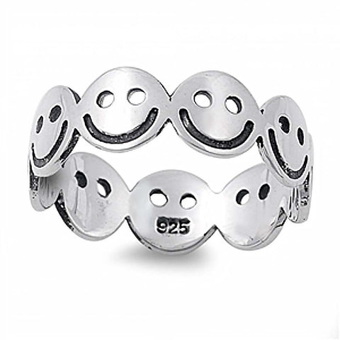 Sterling Silver Fancy Multi Smiley Face Band Ring with Face Height of 6MM
