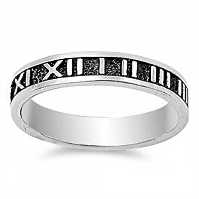Sterling Silver Two-Toned Black Oxidized Rhodium Plated Band Ring with Roman Numerals DesignAnd Band Width of 4MM