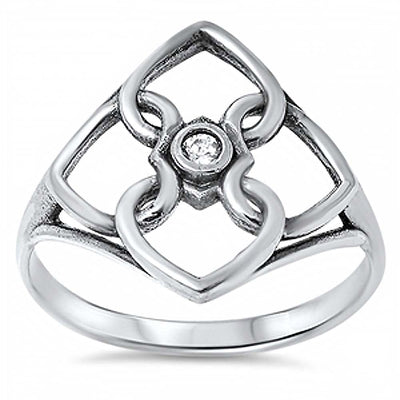Sterling Silver Trendy Ring with Interlink Heart Diamond Shaped with Single Clear Cz on CenterAnd Face Height of 19MM