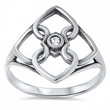Sterling Silver Trendy Ring with Interlink Heart Diamond Shaped with Single Clear Cz on CenterAnd Face Height of 19MM
