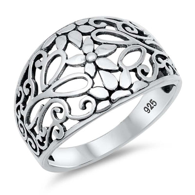 Sterling Silver Stylish Flower and Vine Design Wide Band Ring with Face Height of 15MM