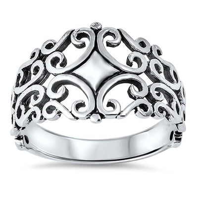 Sterling Silver Vintage Style Cut-out Filigree Design Wide Band Ring with Face Height of 14MM