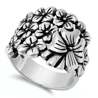 Sterling Silver Modern Wide Multi Floral Design Ring BandAnd Face Height of 20MM