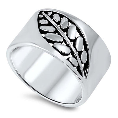 Sterling Silver Trendy Single Leaf Design Ring Band With Face Height of 12MM