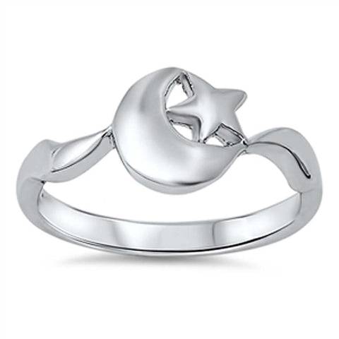 Sterling Silver Trendy Moon & Star Design Ring with Face Height of 9MM