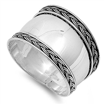 Sterling Silver Modish Bali Design Twisted Edges Concave Band Ring with Face Height of 15MM