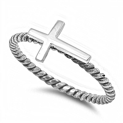 Sterling Silver Sideways Cross Design Twisted Rope Band Ring with Face Height of 9MM