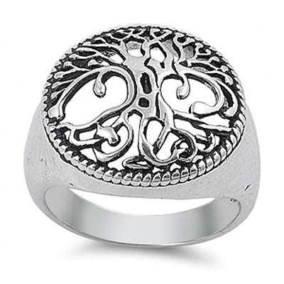 Sterling Silver Fancy Tree of Life Design Domed Band Ring with Face Height of 17MM