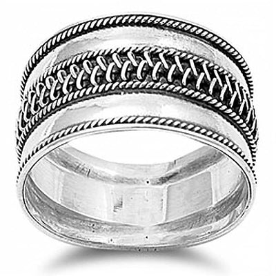 Sterling Silver Centered Braided  Design and Twisted Rope Edge Bali Ring with Band Width of 13MM