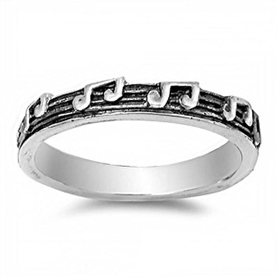 Sterling Silver Oxidized Rhodium Plated Fancy Music Notes Design Band Ring with Band Width of 5MM