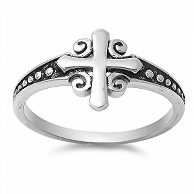 Sterling Silver Oxidized Rhodium Plated Fancy Cross with Swirl Design RingAnd Face Height of 11MM