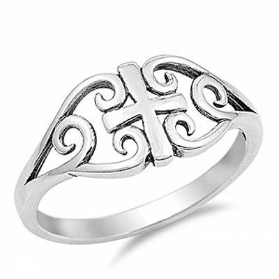 Sterling Silver Fancy Filigree with Centered Cross Design RingAnd Face Height of 10MM