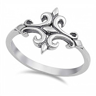 Sterling Silver Fancy Fleur De Lis Cross Ring with Face Height of 13MM