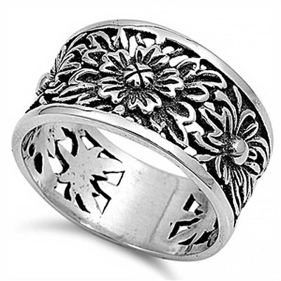 Sterling Silver Vintage Style Flower Design Band Ring with Face Height of 12MM