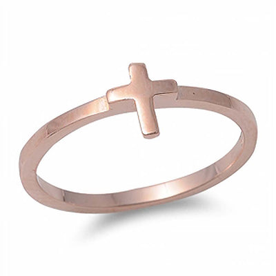 Sterling Silver Rose Gold Plated Plain Small Cross Design Ring with Face Height of 6MM