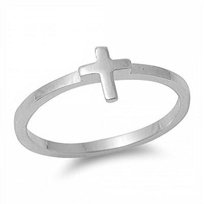 Sterling Silver Rhodium Plated Plain Small Cross Design Ring with Face Height of 6MM