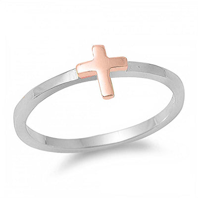 Sterling Silver Rhodium And Rose Gold Plated Cross Shaped Plain RingAnd Face Height 6mm