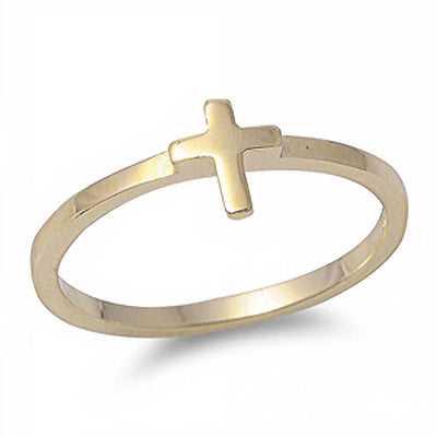 Sterling Silver Gold Plated Plain Small Cross Design Ring with Face Height of 6MM