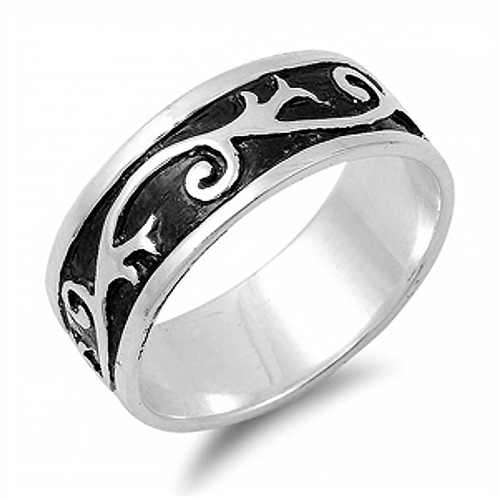 Sterling Silver with Black Oxized Tribal Style Filigree Design RingAnd Face Height of 8MM