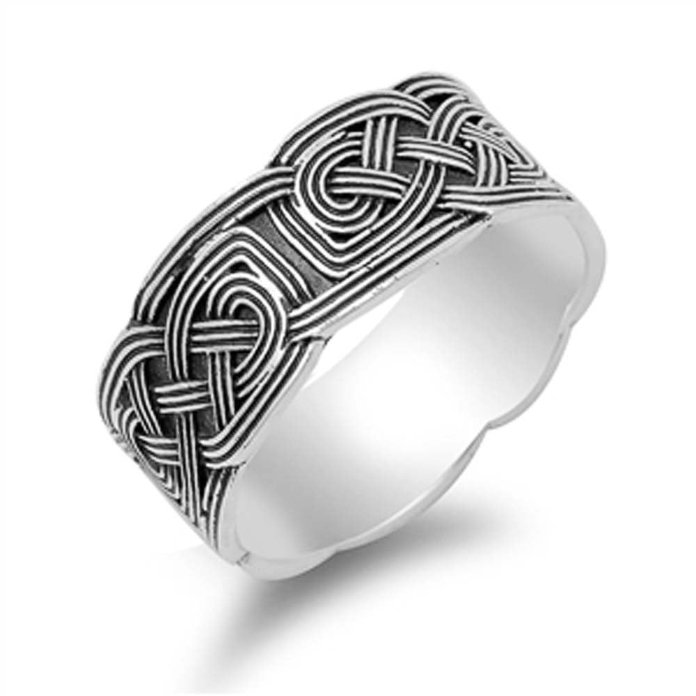Sterling Silver Fancy Celtic Knot Pattern Design Band Ring with Face Height of 9MM