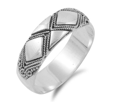 Sterling Silver Fancy Bali Ring with Diamond Shaped Pattern DesignAnd Face Height of 7MM