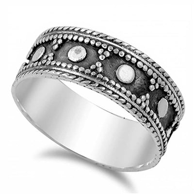 Sterling Silver Fancy Beaded Design and Twisted Rope Edge Bali Ring with Face Height of 7.5MM