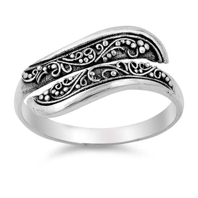 Sterling Silver Thin Bypass Band Bali Ring with Filigree Vine DesignAnd Face Height of 9MM