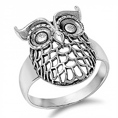 Sterling Silver Fancy Owl Design Ring with Face Height of 21MM