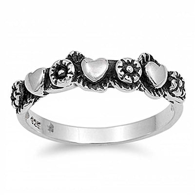 Sterling Silver Hearts and Flowers Rings with Ring Face Height of 6MM