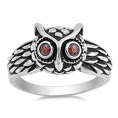 Sterling Silver Modish Owl with Garnet Cz Eyes RingAnd Face Height of 11MM