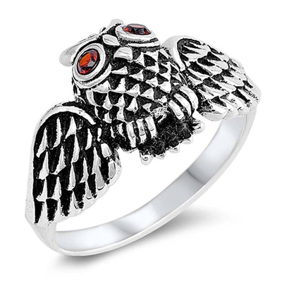 Sterling Silver Fancy Owl with Garnet Cz Eyes RingAnd Face Height of 13MM