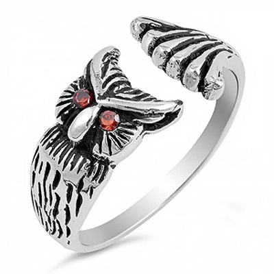 Sterling Silver Fancy Sideways Owl with Garnet Cz Eyes Open RingAnd Face Height of 10MM