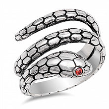 Load image into Gallery viewer, Sterling Silver Modish Snake Ring with Garnet Cz EyesAnd Face Height of 15MM
