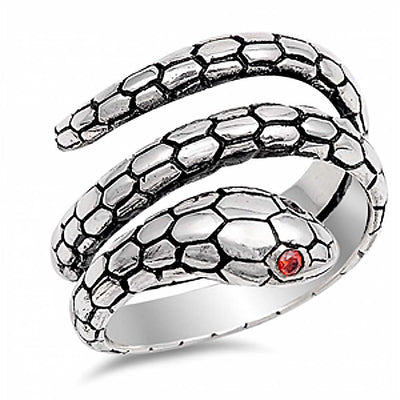 Sterling Silver Modish Snake Ring with Garnet Cz EyesAnd Face Height of 15MM