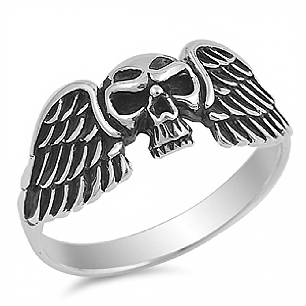 Sterling Silver Fancy Skull with Angel Wing RingAnd Face Height of 10MM