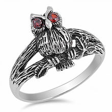 Load image into Gallery viewer, Sterling Silver Standing Owl on the Tree with Garnet Cz Eyes RingAnd Face Height of 15MM