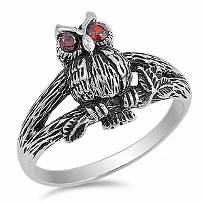 Sterling Silver Standing Owl on the Tree with Garnet Cz Eyes RingAnd Face Height of 15MM