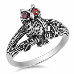 Sterling Silver Standing Owl on the Tree with Garnet Cz Eyes RingAnd Face Height of 15MM