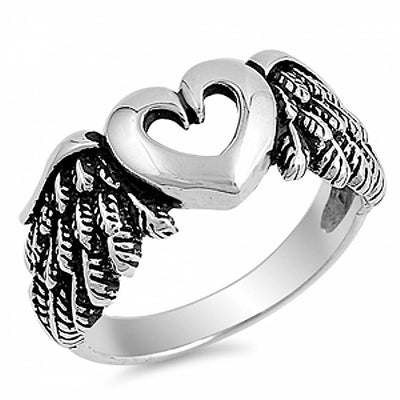 Sterling Silver Fancy Heart with Angel Wing RingAnd Face Height of 9MM