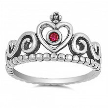 Load image into Gallery viewer, Sterling Silver Filigree Heart Crown Ring with Centered Ruby Cz StoneAnd Face Height of 12MM