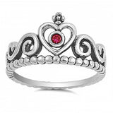 Sterling Silver Filigree Heart Crown Ring with Centered Ruby Cz StoneAnd Face Height of 12MM