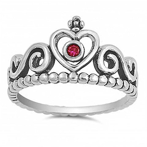 Sterling Silver Filigree Heart Crown Ring with Centered Ruby Cz StoneAnd Face Height of 12MM