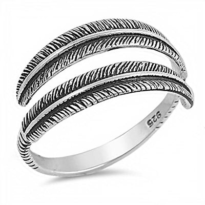 Sterling Silver Trendy Feather Band Ring with Face Height of 10MM
