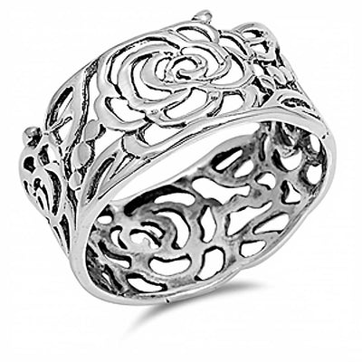 Sterling Silver Trendy Rose Flower Band Ring with Face Height of 10MM