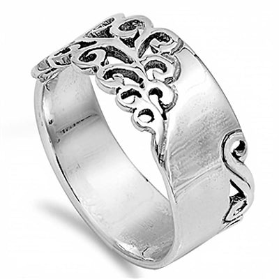 Sterling Silver Fancy Filigree Vine Design Thick Band Ring with Face Height of 9MM