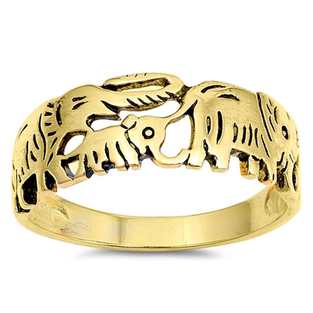 Sterling Silver Yellow Gold Fancy Marching Elephansts Band RingAnd Face Height 8 mm