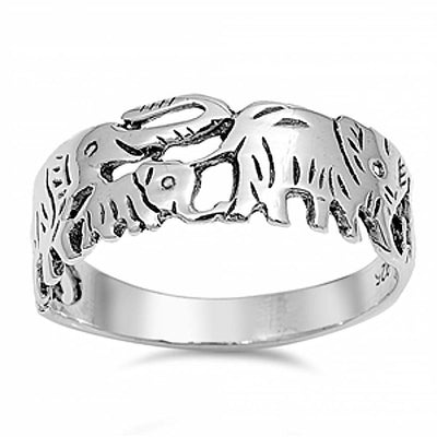 Sterling Silver Fancy Marching Elephants Band Ring with Face Height of 8MM