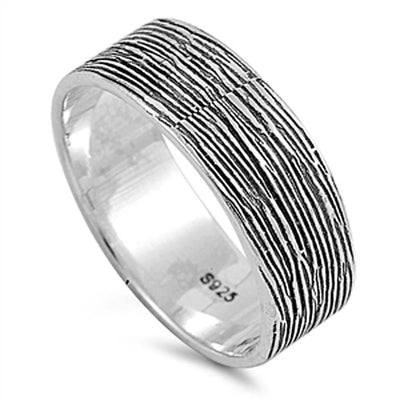 Sterling Silver Tree Bark Design 7MM Band Ring with Ring Face Height of 7MM