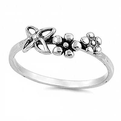 Sterling Silver Fancy 3 Flowers Ring with Ring Face Height of 6MM